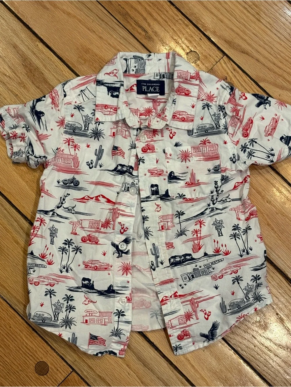 The Children's Place Boys' Red Navy Western Print Short Sleeve Shirt 3T Cotton